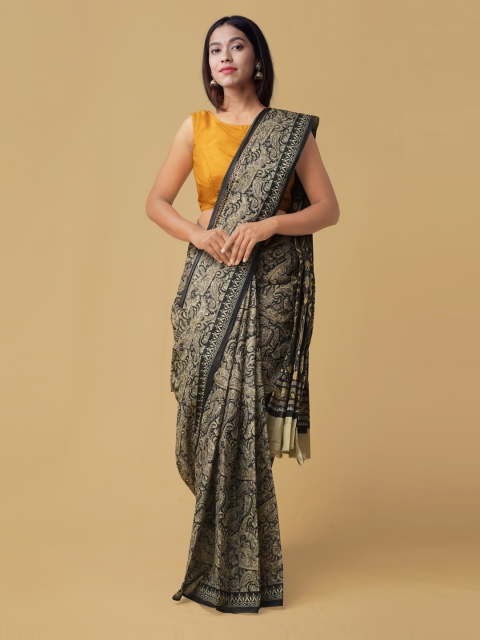 Unnati Silks Black & Gold-Coloured Pure Cotton Jaal Printed Handloom Saree