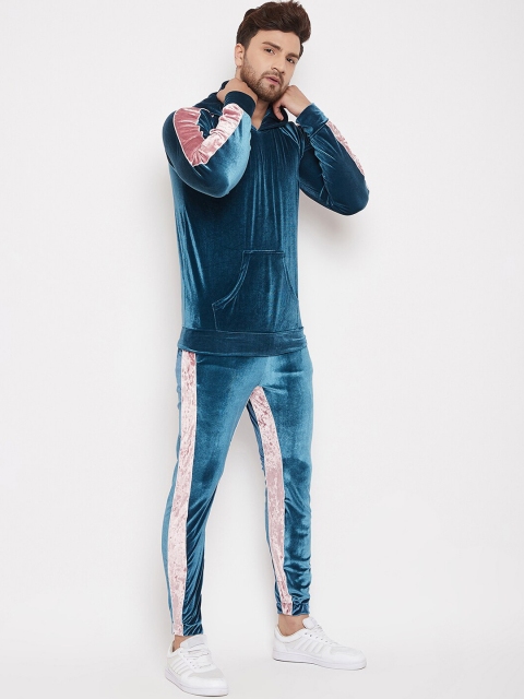 FUGAZEE Men Teal Blue & Pink Solid Slim-Fit Velvet Combo Tracksuit