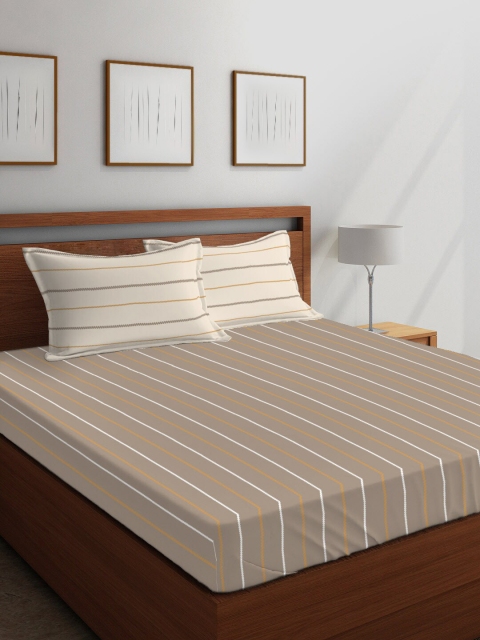 Layers Brown & Beige Striped 104 TC Cotton 1 Queen Bedsheet with 2 Pillow Covers
