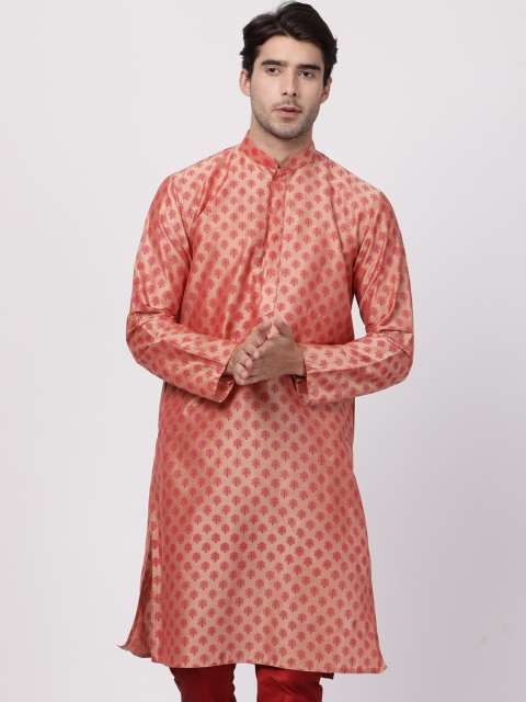 VASTRAMAY Men Pink & Gold-Toned Woven Design Straight Kurta
