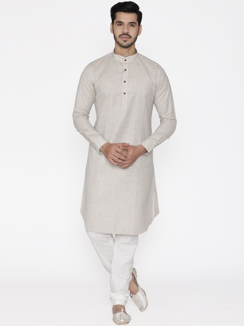 Manyavar Men Cream-Coloured Printed Straight Kurta