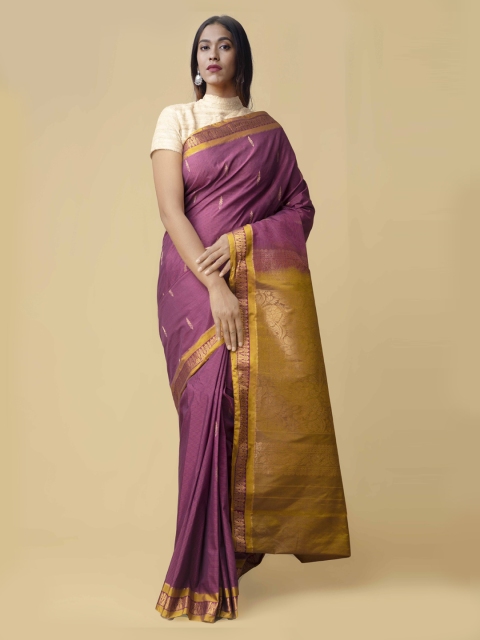 Unnati Silks Purple & Mustard Silk Cotton Woven Design Saree