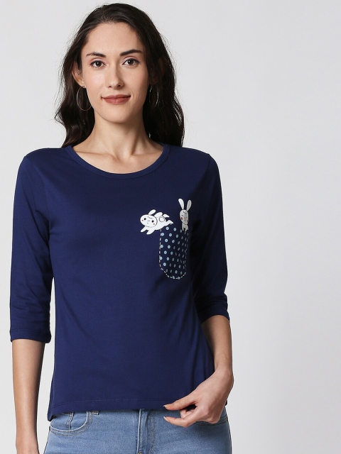 Bewakoof Women Navy Blue Bunny Rabbit Printed Round Neck T-shirt