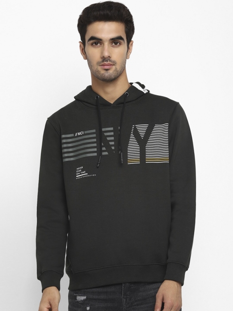 Octave Men Olive Green & White Striped Hooded Sweatshirt