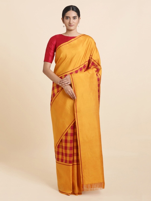 Taneira Yellow & Pink Checked Kanjeevaram Sustainable Saree