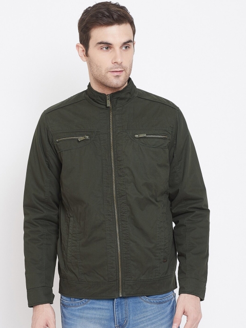 Crimsoune Club Men Olive Green Solid Biker Jacket