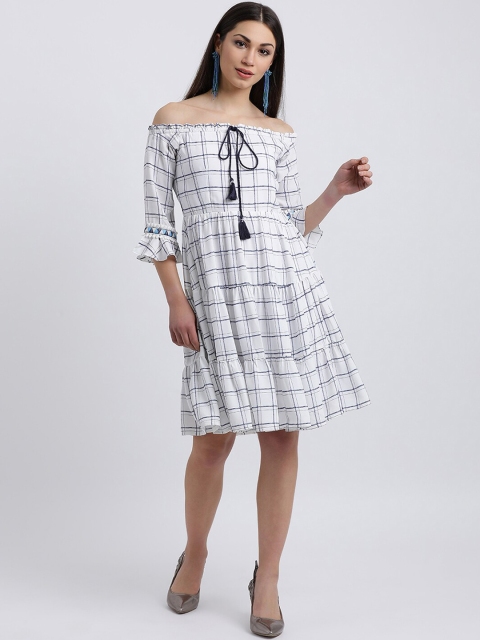 Zink London Women White Checked A-Line Dress