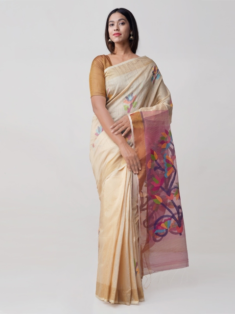 Unnati Silks Cream-Coloured & Pink Silk Cotton Printed Jamdani Handloom Saree