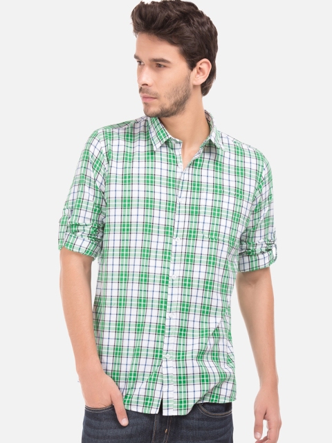 Ruggers Men White & Green Slim Fit Checked Casual Shirt