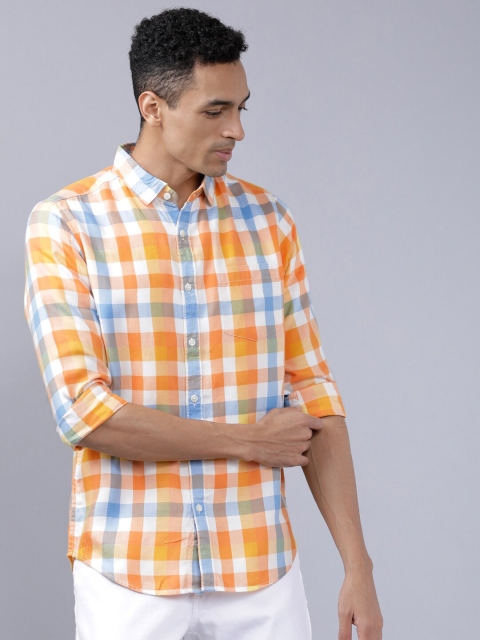 HIGHLANDER Men Orange & White Slim Fit Checked Casual Shirt