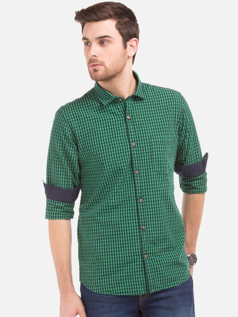 Ruggers Men Green & Navy Blue Regular Fit Checked Casual Shirt