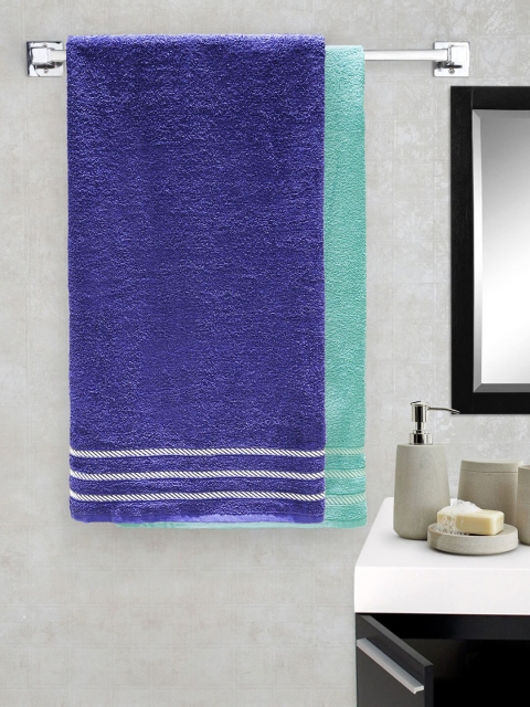Trident Unisex Set of 2 Blue & Sea Green Solid 380 GSM Bath Towels