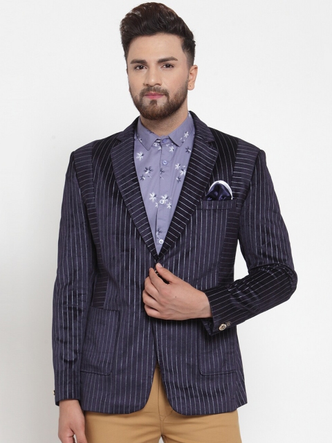 MAXENCE Men Navy Blue Striped Slim-Fit Single-Breasted Formal Designer Velvet Blazer
MAXENCE Men Navy Blue Striped Slim-Fit Single-Breasted Formal Designer Velvet Blazer