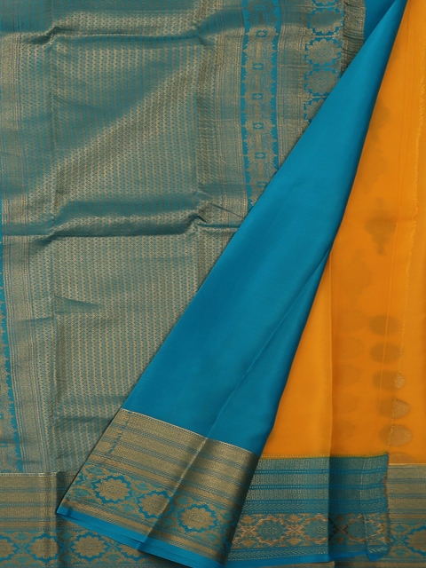 Pothys Mustard Yellow & Turquoise Blue Pure Silk Woven Design Mysore Silk Saree