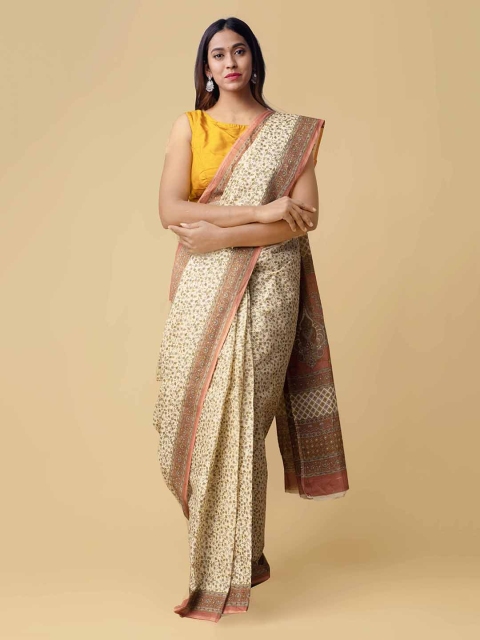 Unnati Silks Cream-Coloured & Brown Pure Cotton Handloom Printed Saree