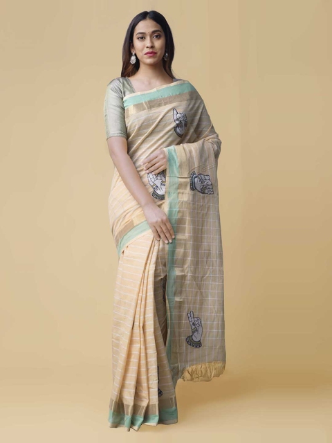 Unnati Silks Peach-Coloured & Green Pure Cotton Woven Design Mangalagiri Saree
