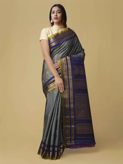 Unnati Silks Grey & Blue Silk Cotton Woven Design Saree