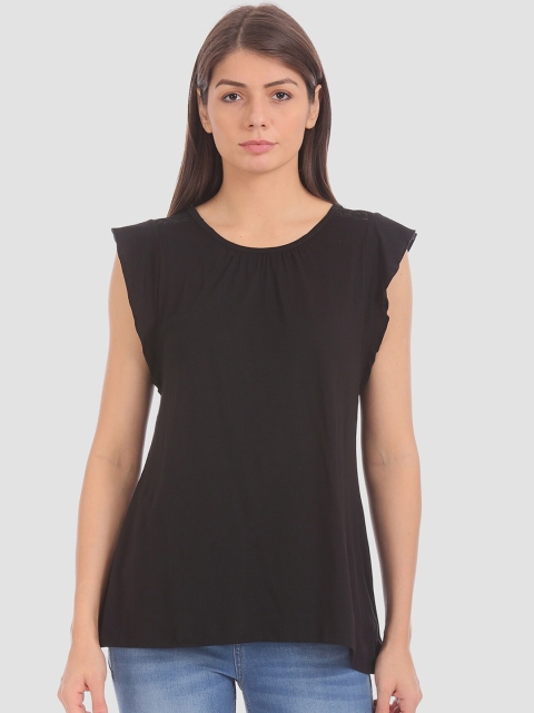 GAP Women Black Self Design Round Neck T-shirt