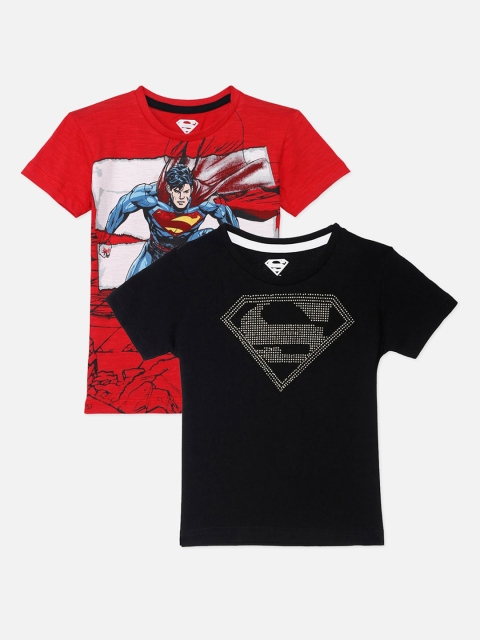 Kids Ville Boys Pack Of 2 Superman Printed Round Neck T-shirt, Red