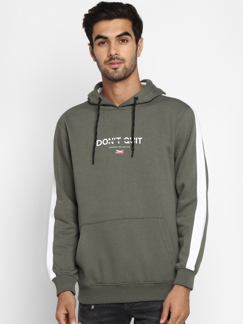 Octave Men Olive Green Solid Hooded Sweatshirt