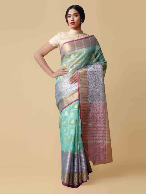 Unnati Silks Green & Gold Silk Blend Woven Design Banarasi Saree