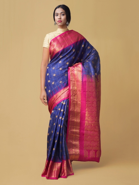 Unnati Silks Blue & Pink Pure Silk Woven Design Handloom Gadwal Saree