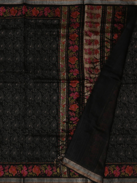 Pothys Black Printed Jute Silk Saree