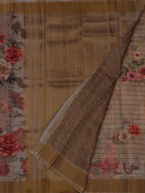 Pothys Pink & Brown Linen Blend Printed Saree