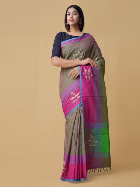 Unnati Silks Green & Pink Pure Cotton Floral Embroidered Mangalagiri Saree