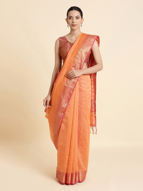 Taneira Orange & Pink Silk Cotton Checked Maheshwari Sustainable Saree