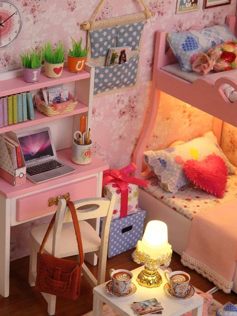 Webby Kids Pink & White DIY Miniature Bedroom Doll House With Lights