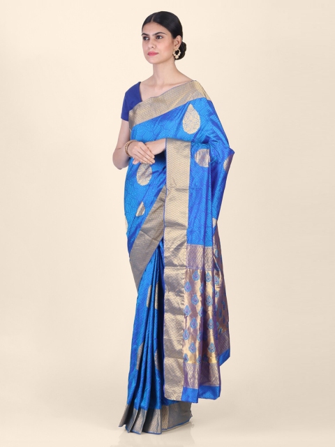 Hastakala Blue & Gold-Toned Silk Blend Woven Design Kanjeevaram Saree