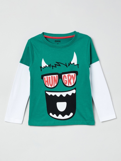 max Boys Green Printed Round Neck T-shirt