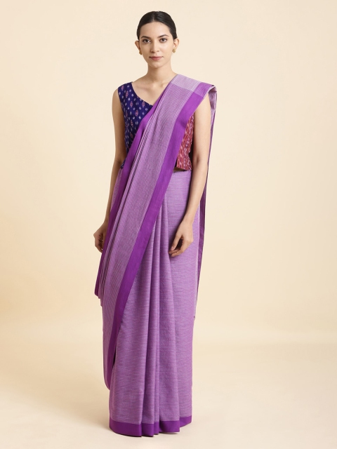 Taneira Lavender Striped Handwoven Pure Cotton Bengal Saree