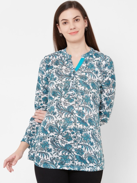 Juliet Women White & Turquoise Blue Printed Longline Top