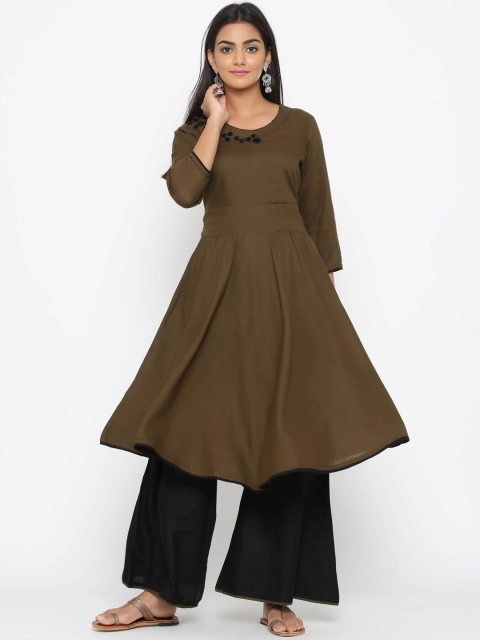 WomenMagic Women Brown & Black Embroidered Kurti with Palazzos