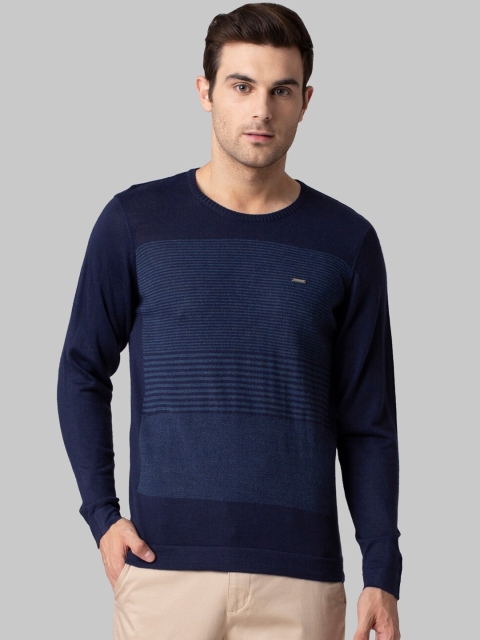 Park Avenue Men Navy Blue Striped Pullover Sweater