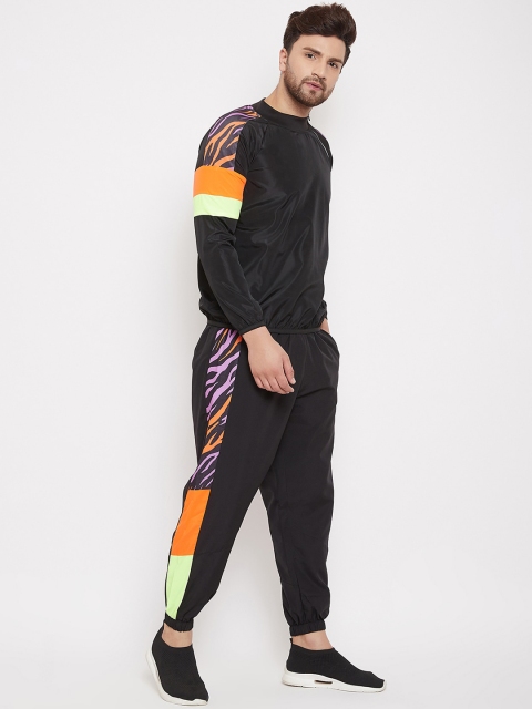 FUGAZEE Men Black & Orange Colourblocked Tracksuit