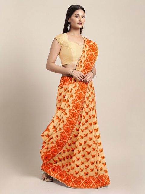 Mitera Beige & Orange Silk Cotton Solid Jamdani Saree