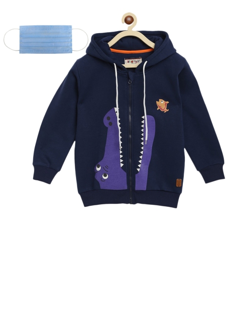 Lil Tomatoes Boys Navy Blue Printed Hooded Sweatshirt