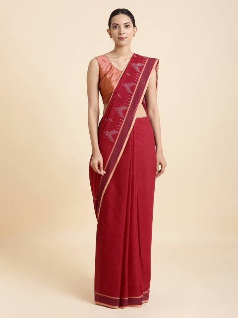 Taneira Red Solid Pure Cotton Bengal Jamdani Saree
