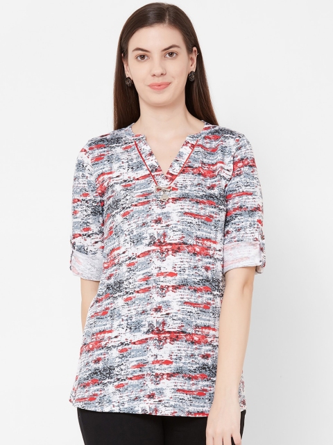 Juliet Women White & Red Printed Shirt Style Pure Cotton Top