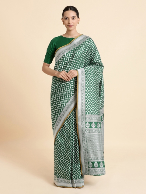 Taneira Bottle Green Printed Handwoven Pure Silk Banarasi Sustainable Saree