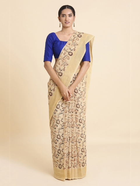 Taneira Beige Pure Cotton Block Print Machilipatnam Saree