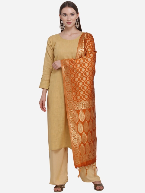 SHEEYA Orange & Gold-Toned Woven Design Banarasi Pure Silk Dupatta