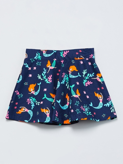 max Girls Navy Blue & Orange Printed A-Line Skirt