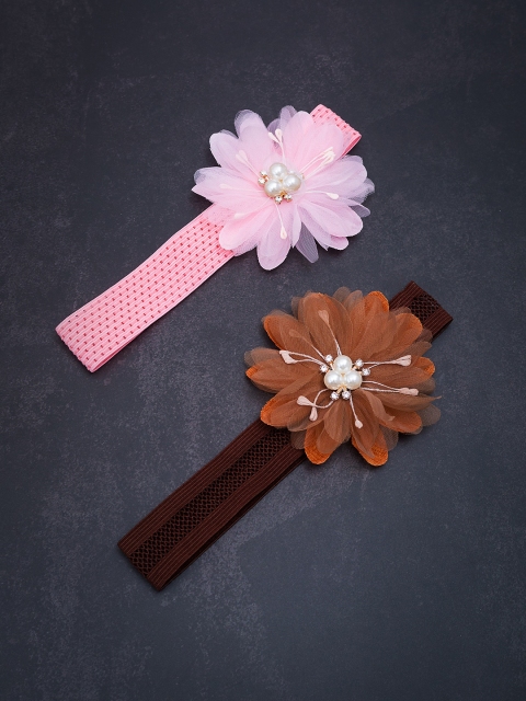 Golden Peacock Women Pink & Brown Set of 2 Embellished Hairband