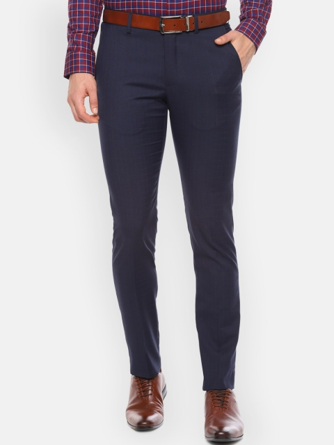 Louis Philippe Men Navy Blue Slim Fit Checked Formal Trousers