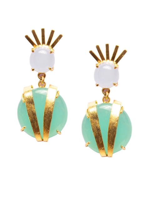 INDYA Gold-Plated & Green Geometric Drop Earrings