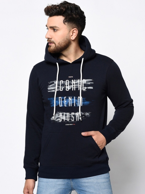 98 Degree North Men Navy Blue Printed Hooded Sweatshirt